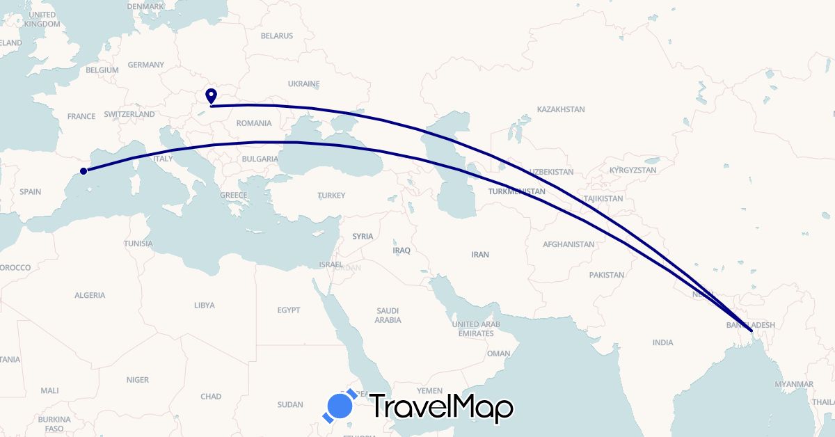 TravelMap itinerary: driving in Bangladesh, Spain, Hungary (Asia, Europe)